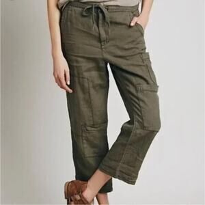 FREE PEOPLE Linen Pants Womens S Cargo Crop Patchwork Utility Green Relaxed Fit